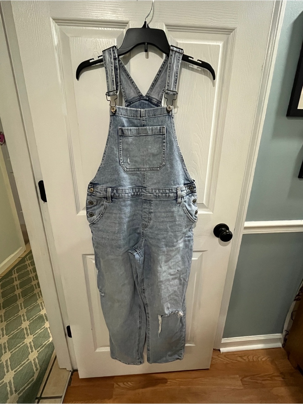 SO Light Wash Denim Overalls with Distressed Knees